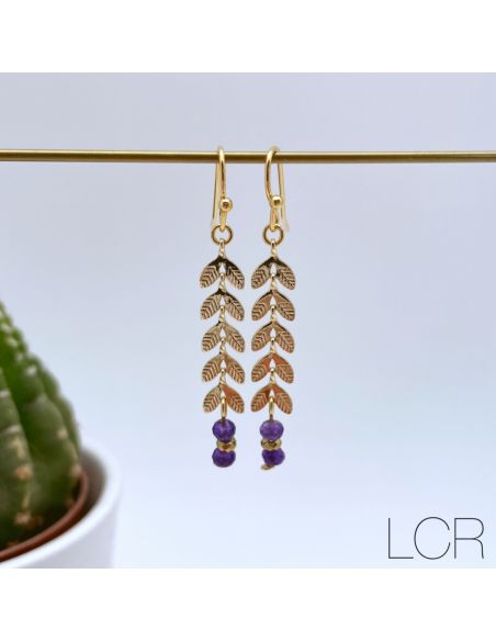 Boucles d'oreille longs épis dorés Jade mauve