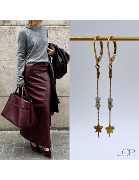 Boucles en laiton fine chaîne étoile, perles grises