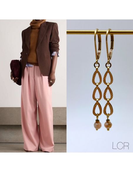 Boucles d'oreille en laiton chaîne goutte, perles rose grisé