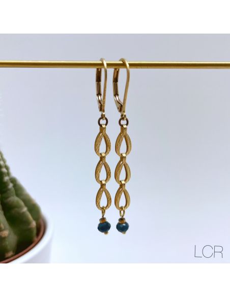 Boucles d'oreille en laiton chaîne goutte, perles bleues