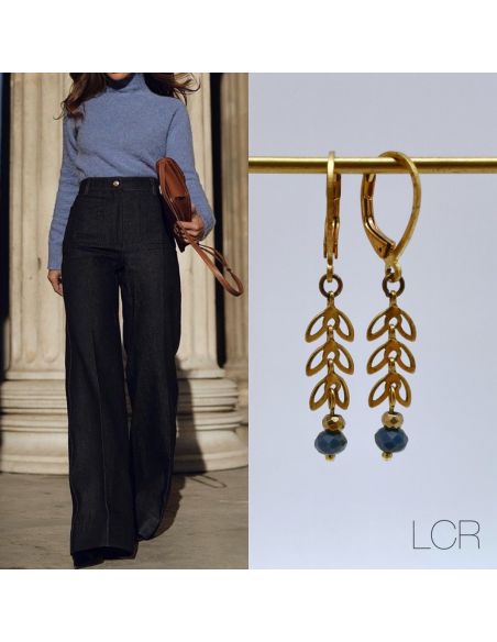 Boucles d'oreille en laiton épis laiton évidés, perle bleu