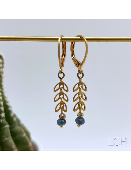 Boucles d'oreille en laiton épis laiton évidés, perle bleu