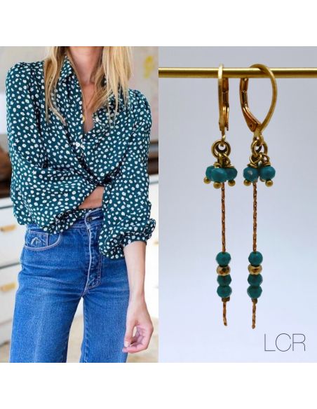 Boucles d'oreille en laiton fine chaîne trio de perles bleu canard