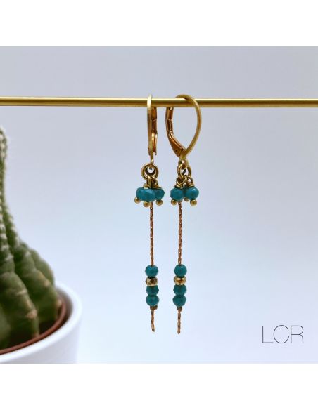 Boucles d'oreille en laiton fine chaîne trio de perles bleu canard