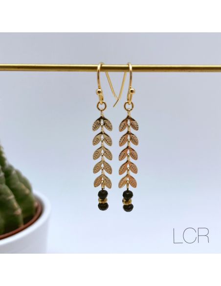 Boucles d'oreille longs épis dorés Jade noir