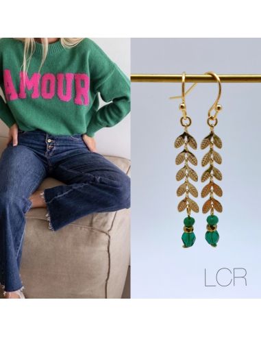 Boucles d'oreille longs épis dorés perle verte