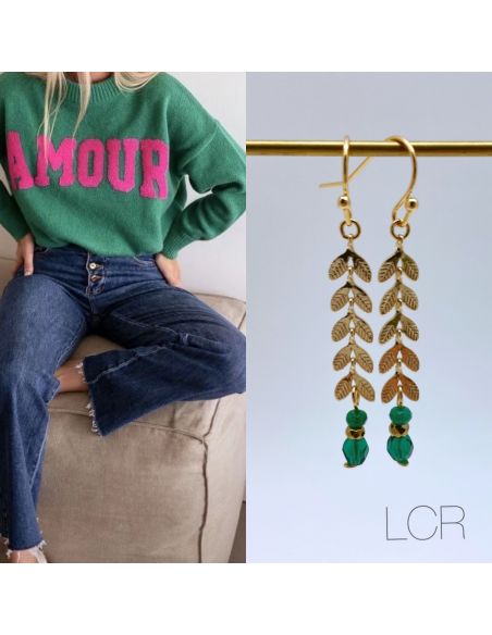 Boucles d'oreille longs épis dorés perle verte