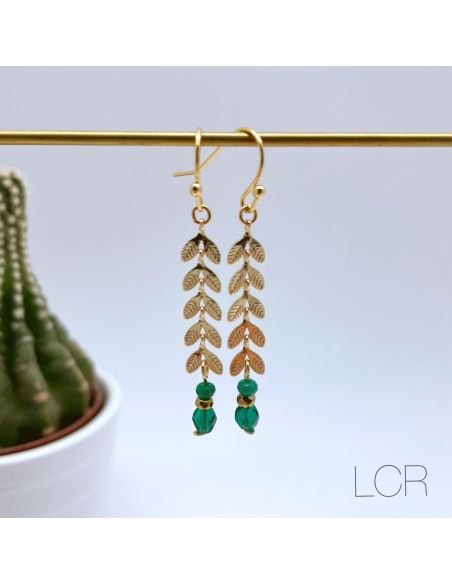 Boucles d'oreille longs épis dorés perle verte