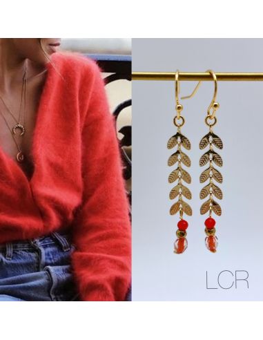 Boucles d'oreille longs épis dorés perle orange