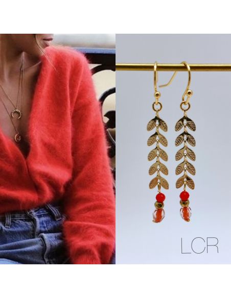 Boucles d'oreille longs épis dorés perle orange