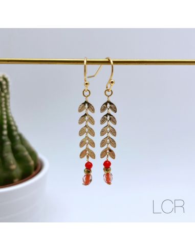 Boucles d'oreille longs épis dorés perle orange