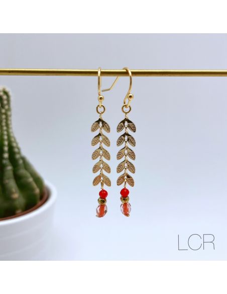 Boucles d'oreille longs épis dorés perle orange