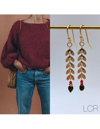 Boucles d'oreille longs épis dorés perle Bordeaux