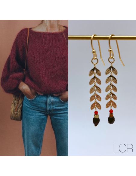 Boucles d'oreille longs épis dorés perle Bordeaux