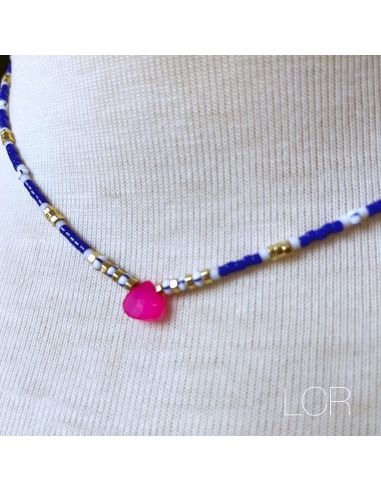 Ras du cou perles fines goutte Agate fuschia,...
