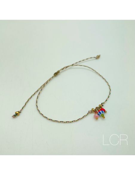 Bracelet corde rosé trio de perles africaine bleu et perle verte