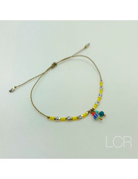 Bracelet corde cirée perles miyuki jaunes et perles africaines