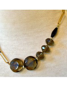 Ras du cou chaine dorée, perles de cristal fumé, agates 2
