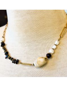 Ras du cou chaine dorée Obsidiennes, perles de culture 2