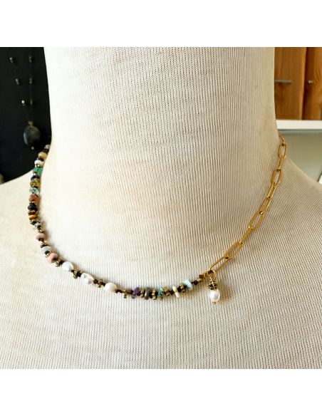 Ras du cou avec chaine dorée, diverses perles rondelles et perles de culture