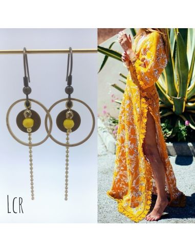 Boucles d'oreille anneau et rondelle laiton, perle de cristal jaune