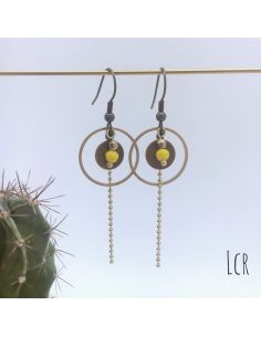 Boucles d'oreille anneau et rondelle laiton, perle de cristal jaune 2