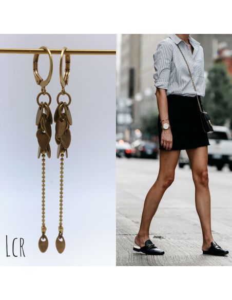 Boucles d'oreille feuillus et chaîne laiton