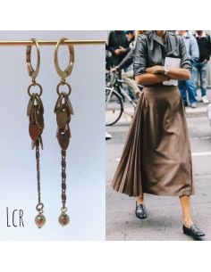 Boucles d'oreille chaîne feuillus, perle hématite