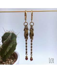 Boucles d'oreille chaîne feuillus, perle de verre bordeaux 2