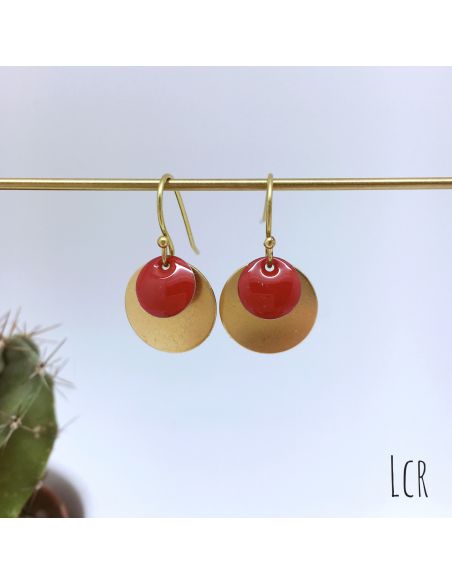 Boucles d'oreille pastille laiton, émail rouge